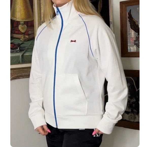 Vintage Men’s Le Tigre Cotton Track Jacket in White and Blue - Zip Up - Medium - Picture 4 of 10